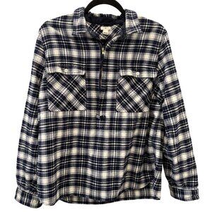 J. Crew Womens Half Zip Flannel Plaid Shirt Large Navy Ivory Long Sleeve Cozy
